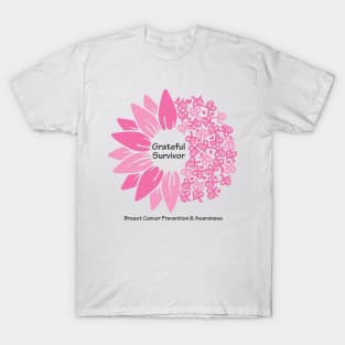 Breast cancer survivor with flower, hearts, ribbons & black type T-Shirt